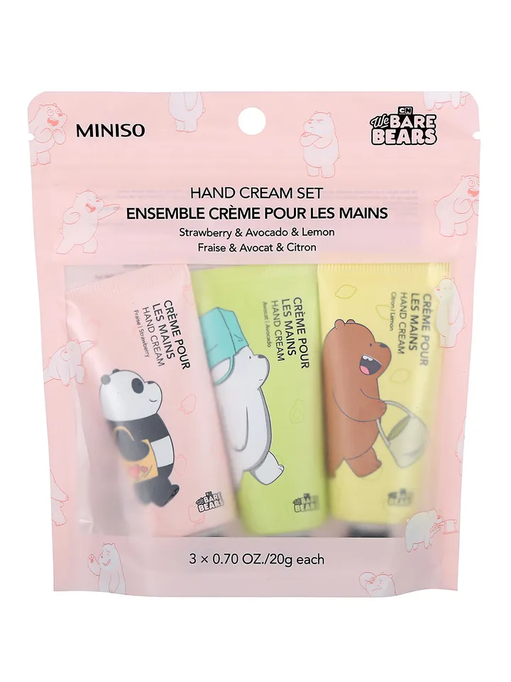 Miniso We Bare Bears қол кремдерінің жинағы, 3 дана: құлпынай, авокадо, лимон