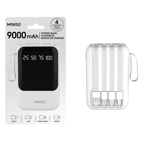 Мини-повербанк 9000 мАч с 4 кабелями, модель: C108 Miniso, 10 × 6,5 см, белый
