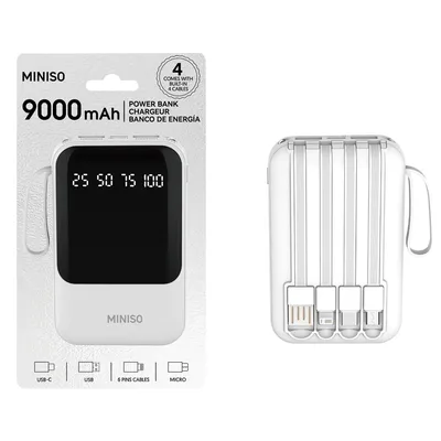 Мини-повербанк 9000 мАч с 4 кабелями, модель: C108 Miniso, 10 × 6,5 см, белый