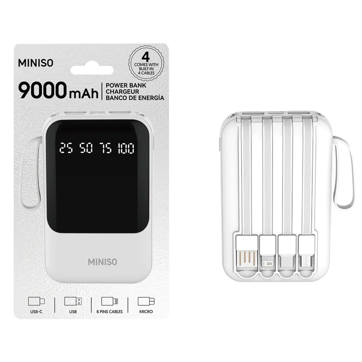 Мини-повербанк 9000 мАч с 4 кабелями, модель: C108 Miniso, 10 × 6,5 см, белый